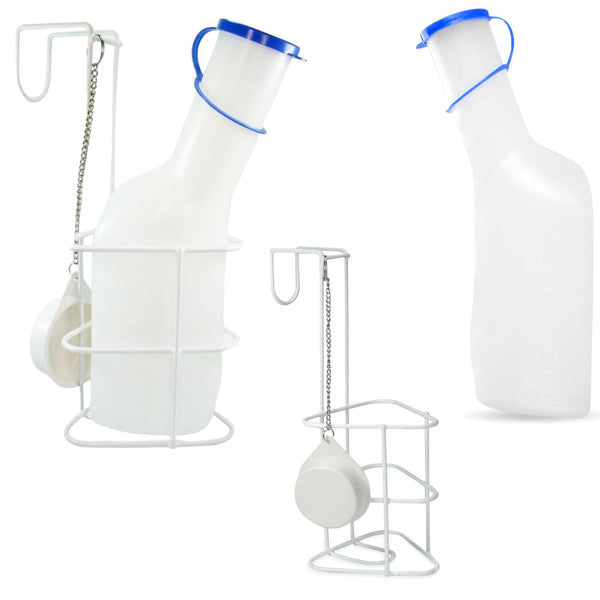 Urine bottle set with bed holder (urine bottles 1000 ml + bed holder with lid), durable translucent PP urine bottle with cap, easy-to-read measuring lines, portable for travel