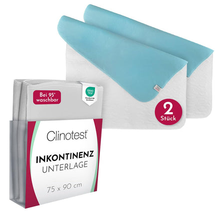 Clinotest Incontinence Pad Set of 2 – Oeko-TEX certified, waterproof and breathable bed pad, 75x90 cm, absorbent mattress protection for incontinence, wetness protection, washable – White/Blue