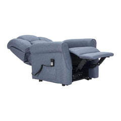 Sime FR-1 ADJUSTABLE electric recliner with vibrating massage. Combined backrest and footrest inclination. 4 wheels move the user. Non-deformable seat, dirt-repellent, stand-up aid. Denim Blue.