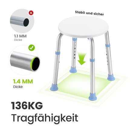 HEAO round shower stool for indoor showers, height-adjustable bathroom stool, load capacity 136 kg, with non-slip rubber tips, shower chair for seniors and disabled people