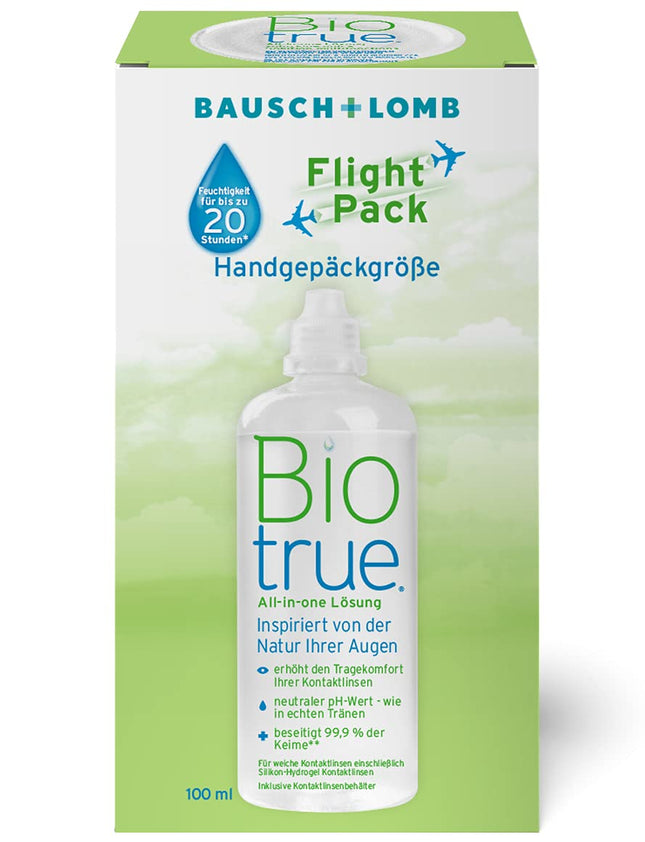 Bausch + Lomb Biotrue All-in-One Contact Lens Cleaner and Storage Solution for Soft Contact Lenses Travel Kit, Flight Pack, 100 ml