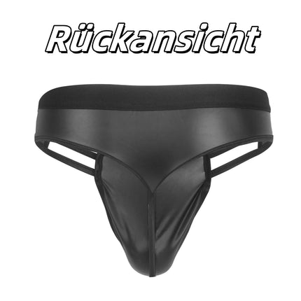 sunshinelady Men's Thong PU Leather Large Size Men's String Underwear with Elastic Waistband Sexy Briefs Lingerie for Men Sissy Gay Briefs U-Pouch Sexy Underwear Underpants Cut-Out Design Black M