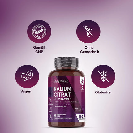 Potassium Tablets - 1460mg per serving - 180 Tablets &amp; Vegan - Muscle Building &amp; Nervous System (EFSA) - 3 Month Supply - Alternative to Potassium Chloride - WeightWorld