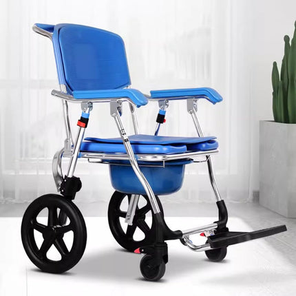 Commode Chair for Seniors with Wheels, Shower Chair with Wheels, Foldable, Shower Toilet with Armrests and Foldable Footrest for Seniors, Disabled People, Pregnant Women, Load 150 kg (Big Blue)