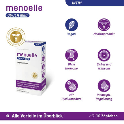 menoelle® OVULA med - Vaginal Suppositories. For bacterial vaginosis, vaginal yeast infections, and vaginal dryness. With lactic acid and hyaluronic acid. Hormone-free and preservative-free. 10 suppositories.
