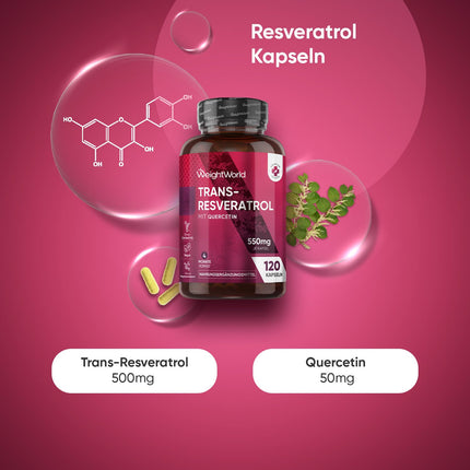 Resveratrol Capsules - 500mg Trans-Resveratrol with 50mg Quercetin - 4-Month Supply - Alternative to OPC Capsules - 120 Vegan Capsules without Magnesium Stearate - Polyphenols from Knotweed - WeightWorld