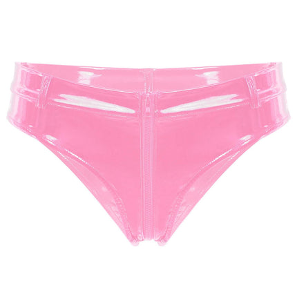 MSemis women's wetlook string thong open briefs hot pants patent leather shorts underwear erotic lingerie gogo panties sexy lingerie with zipper pink CL