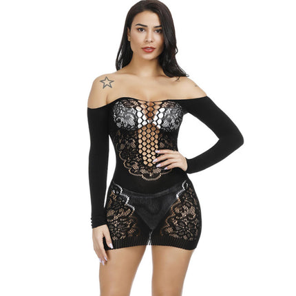 KUAIQI Women's Lingerie Set, One-Piece Hollow Fun Perspective, Sexy Lingerie Ladies, Sexy Mesh, Three-Point Sexy Embroidery Women's Underwear Lingerie, Outfit Bodysuits (Black, Matching)