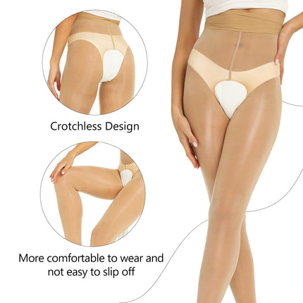 Yilanmy Shiny Tights Open Crotch For Women Sexy Tights Open Crotch Shiny Dance Tights 2 Pairs (Black+Natural, L-XL)
