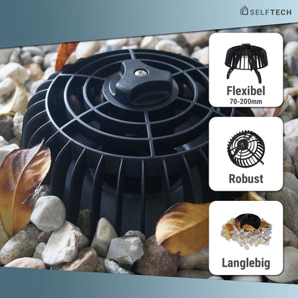 Leaf catcher and gravel catcher with rotating mechanism - Prevents pipe blockages - Individually adjustable from 70-200mm - Drain protection for flat roofs and garages