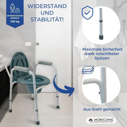 Mobiclinic®, Commode chair, With lid, Removable bucket, Adjustable to 5 heights, Model Arroyo, Non-slip foot caps, Armrests, Supports up to 100 kg, Chair toilet, Steel