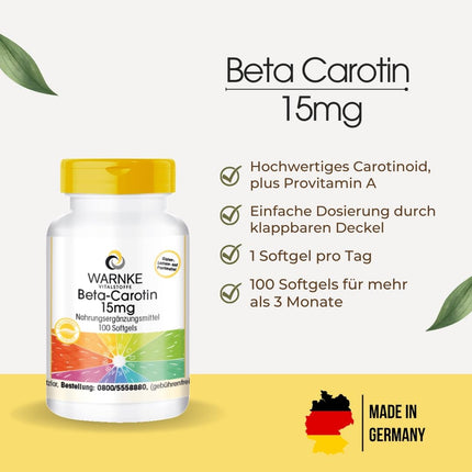Beta Carotene 15mg - 100 Softgels for 100 days, Carotenoid, Provitamin A | Warnke Vitalstoffe - German Pharmacy Quality