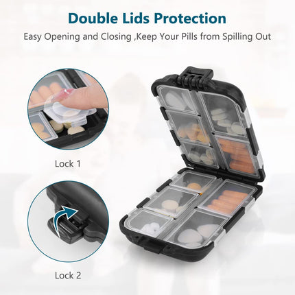 AOOWU 7-day pill box, 10-compartment pill box, small, handy medicine box with large separate compartments for medications, vitamins, fish oil, etc., pill dispenser for travel and daily use (black)