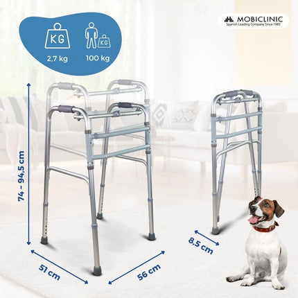 Mobiclinic®, Walking Aid, Mezquita, European Brand, Walking Frame, Foldable, Lightweight, Height Adjustable, For Seniors, Made of Aluminum, Non-Slip, Ergonomic Handles, Up to 100 kg, Silver