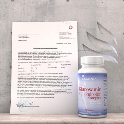 BIOMENTA Glucosamine + Chondroitin Complex - 60 allergen-free high-dose capsules with glucosamine sulfate, high-dose chondroitin sulfate + hyaluronic acid, zinc, selenium - premium quality