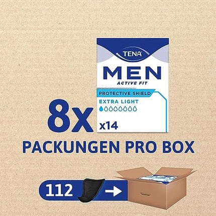 TENA MEN Protective Shield Extra Light - 112 pads in a monthly pack (8 x 14), individually wrapped - extra-thin sanitary pads for men with very light urine loss - Black
