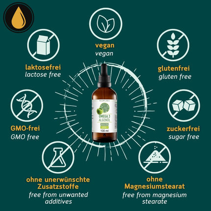 Premium Omega 3 Algae Oil | High Dosage | Natural DHA &amp; EPA for Heart, Brain &amp; Vision | Vegan | 100ml | 40-Day Supply | (Apple)