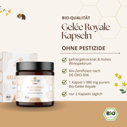 bedrop Royal Jelly Capsules Organic Quality 60 Capsules - 1 capsule = 980 mg pure Royal Jelly, 10-HDA content &lt;4.8% - Royal Jelly rich in polyphenols &amp; flavonoids