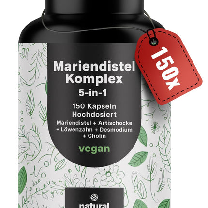 Milk Thistle Artichoke Dandelion Complex High Dose - 150 Capsules - 5-in-1 Liver Cure Complex with Milk Thistle + Artichoke + Dandelion + Desmodium + Choline - Vegan Laboratory Tested