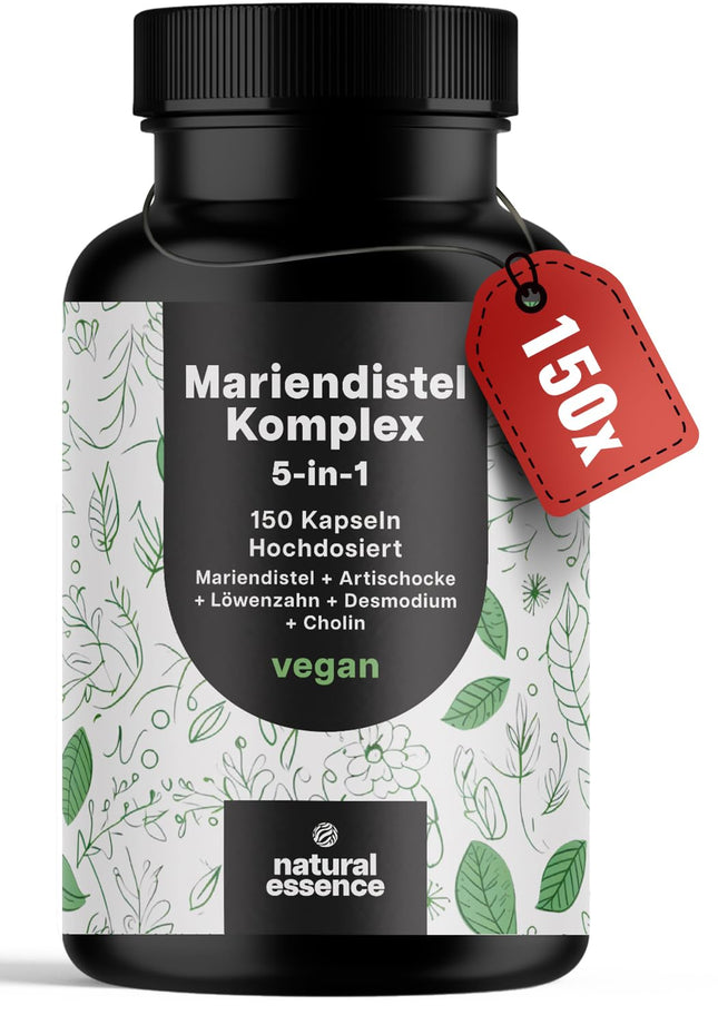 Milk Thistle Artichoke Dandelion Complex High Dose - 150 Capsules - 5-in-1 Liver Cure Complex with Milk Thistle + Artichoke + Dandelion + Desmodium + Choline - Vegan Laboratory Tested