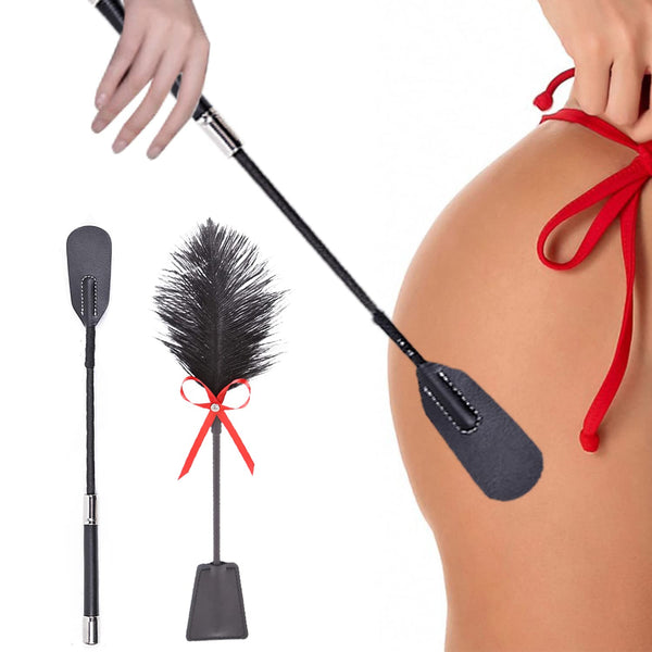 BDSMAGE 35cm Riding Whip Erotic Leather Whip with Feather Tickler Paddle, BDSM Bondage Set, Leather Flogger Spanking Feather Tickler Massage Feather Stick Sex Toy for Couples