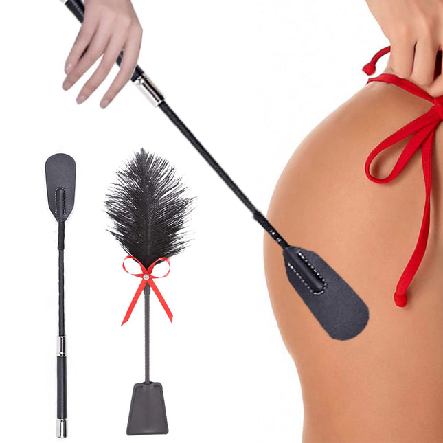BDSMAGE 35cm Riding Whip Erotic Leather Whip with Feather Tickler Paddle, BDSM Bondage Set, Leather Flogger Spanking Feather Tickler Massage Feather Stick Sex Toy for Couples