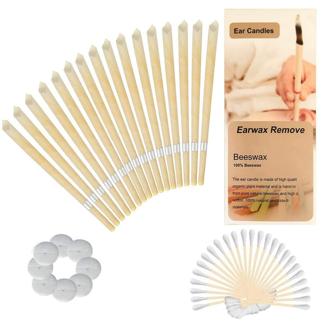 Natural ear candles beeswax candles, fragrance organic plant material, hollow cone candles 16 pieces, hollow cone candles with 8 protective discs