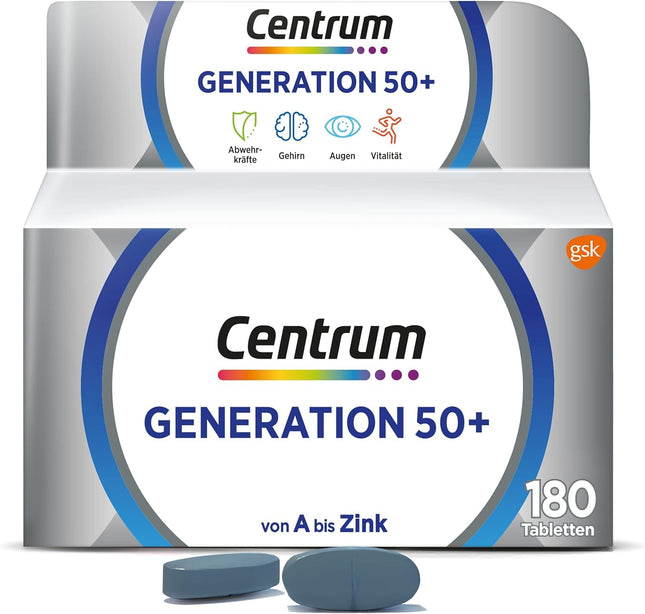 Multivitamin - Centrum Generation 50+ High-quality food supplement with micronutrients for adults aged 50 and over, vitamins, minerals, and trace elements, 1 x 180 tablets