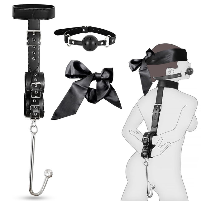 BDSMAGE Bondage Set with Anal Hook, Restraints Sex Set Handcuffs Collar Gag Blindfold Erotic, BDSMs Toys Hard, SM Sex Toys Extreme Couples (Black)