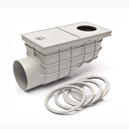 Horizontal rain gully grey with grid Ø 110 mm - 171 mm installation depth backflow flap backflow seal odor flap downpipe drain gutter drain sieve