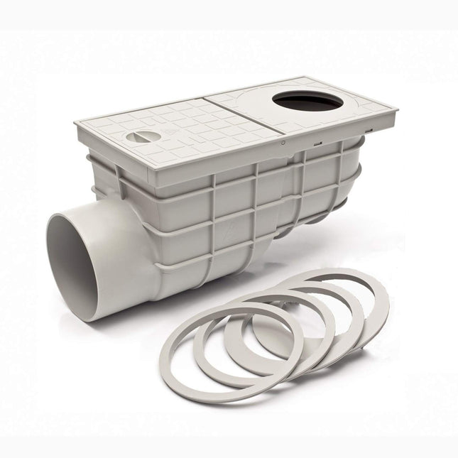 Horizontal rain gully grey with grid Ø 110 mm - 171 mm installation depth backflow flap backflow seal odor flap downpipe drain gutter drain sieve