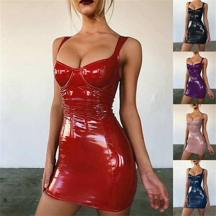 Gellmall Women's Clubwear PU Leather Dresses Patent Leather Wetlook Straps Bodycon Erotic Party Dress Women Backless Sling Sleeveless Mini Dress 5XL
