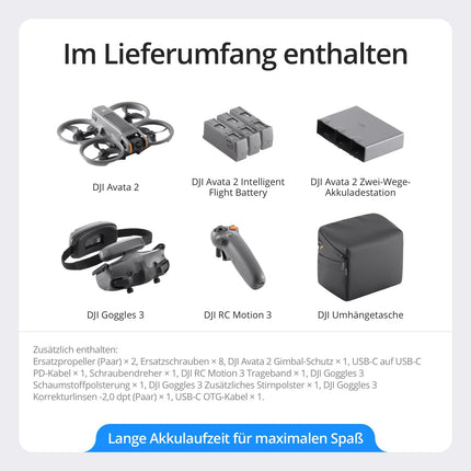 DJI Avata 2 Fly More Combo (3 batteries), FPV drone with 4K camera, 69 minutes max. flight time, acrobatics at the touch of a button, camera drone with Goggles 3 and RC Motion 3, with propeller guards