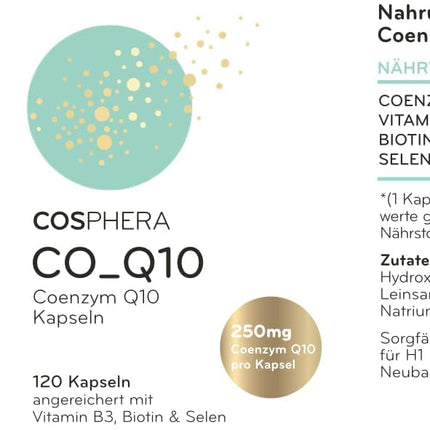 Coenzyme Q10 - High dose with 250 mg per capsule. 120 vegan capsules in a 4-month supply - Enriched with biotin and niacin to contribute to the maintenance of normal skin and normal energy metabolism.