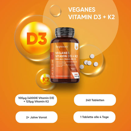 Vitamin D3 + K2 Vegan - 4000 IU per serving - 240 tablets with 125μg vitamin K2 menaquinone - 1 tablet/4 days - 98% all-trans K2 MK7 - Free from magnesium stearate - Sunshine vitamin from WeightWorld