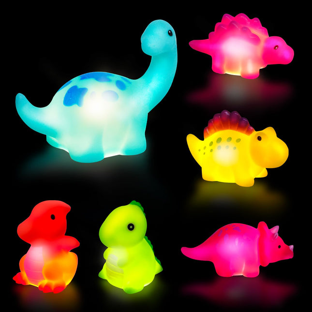 Jiosdo Bath Toys, 6 Pack Dinosaur Bath Toys with Light, LED Bath Toys for Kids, Bath Toys for Baby from 1 2 3 Years, Glowing Water Toys Bath Toys Sensory Toys