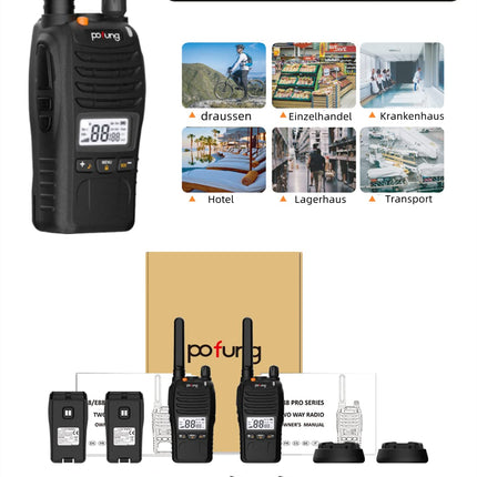 pofung PT88 PRO Professional License-Free PMR446 Portable Rechargeable Walkie Talkie, 16 Channels, LED Screen, Flashing Alarm, TOT, CTCSS/DCS, VOX and USB (Camping, Adventure) (2 Pack)