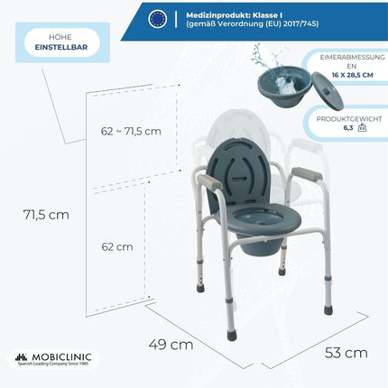 Mobiclinic®, Commode chair, With lid, Removable bucket, Adjustable to 5 heights, Model Arroyo, Non-slip foot caps, Armrests, Supports up to 100 kg, Chair toilet, Steel