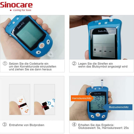 sinocare uric acid blood glucose meter, Safe AQ UG blood glucose meter set with 50 blood glucose test strips and 50 uric acid test strips (Safe UG kit with test strips 50+50)