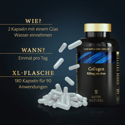 Satin Naturel Collagen Complex with Hyaluronic Acid - 180 Capsules - High-Dose Hyaluronic Acid Collagen Capsules - Enriched with Vitamin C, Elastin, and Spirulina - No Additives - Made in Germany