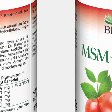 BIOMENTA MSM + Rosehip + Glucosamine – 180 allergen-free capsules with a high dose of 1,200 mg organic sulfur powder + 794 mg glucosamine sulfate + 300 mg rosehip extract per day – vegan – premium quality