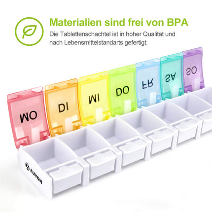 AUVON 7-day pill box, 7-compartment pill box, BPA-free medicine box with a unique design and large compartments for vitamin and fish oil tablets, medications, or supplements