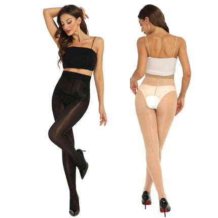 Yilanmy Shiny Tights Open Crotch For Women Sexy Tights Open Crotch Shiny Dance Tights 2 Pairs (Black+Natural, L-XL)