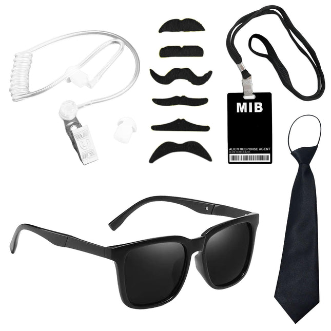 CVDYWDJIE 1 piece sunglasses, 1 piece walkie-talkie accessory, 1 piece lanyard card holder, 1 piece tie, 6 pieces artificial beard, agent costume accessories, role-playing accessories