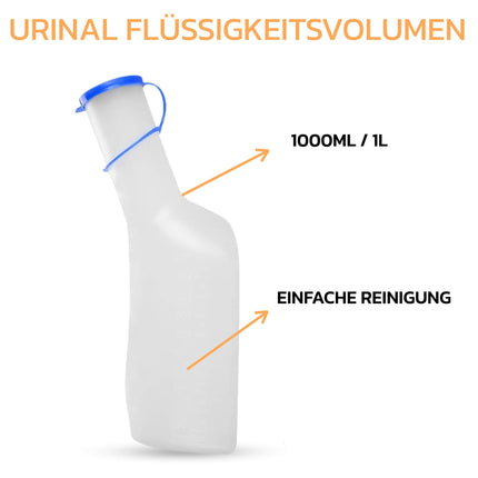 Urine bottle set with bed holder (urine bottles 1000 ml + bed holder with lid), durable translucent PP urine bottle with cap, easy-to-read measuring lines, portable for travel