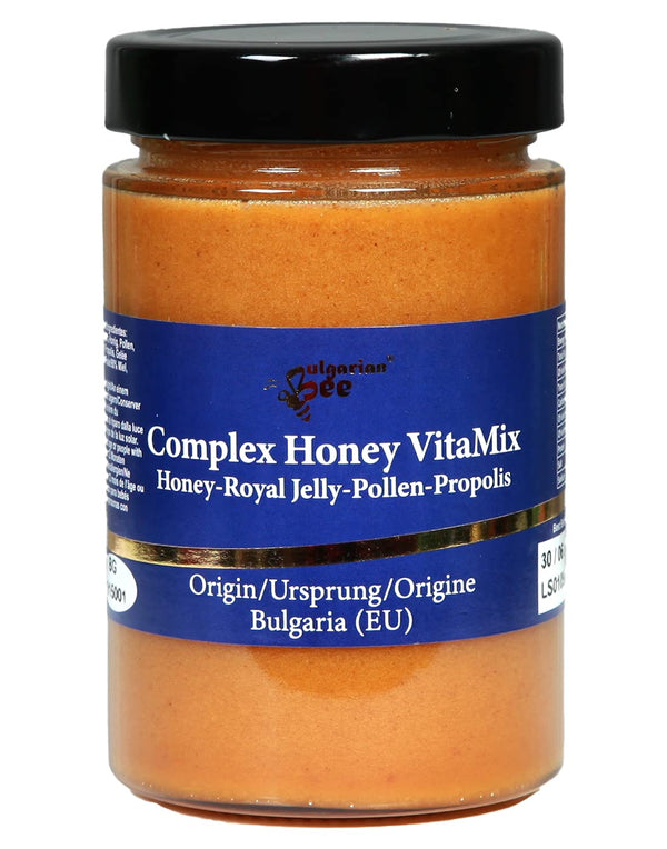 450 g honey contains pollen, beeswax, propolis, and royal jelly