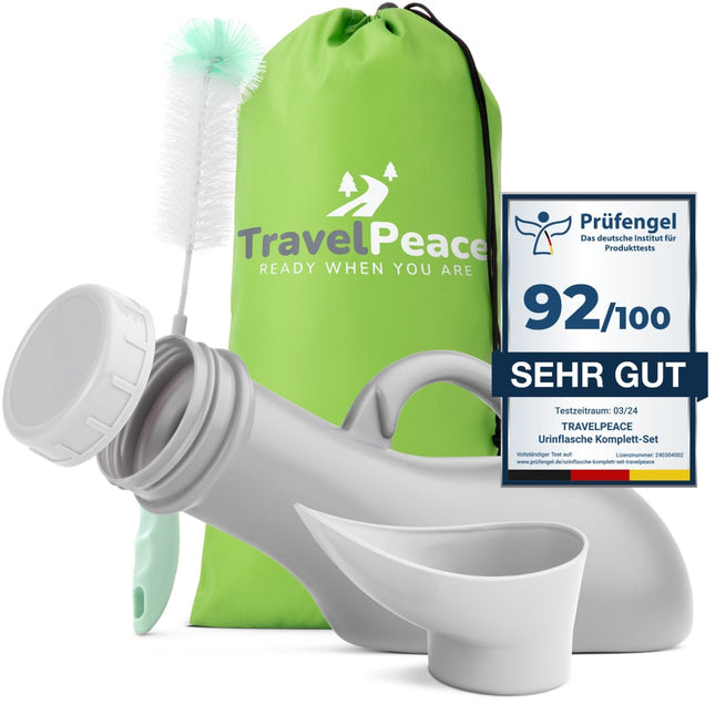 TRAVELPEACE® - Urinal Bottle - 3-in-1 Complete Set - with Comfort Hygiene Brush - incl. Privacy Bag - Urinal for Women and Men