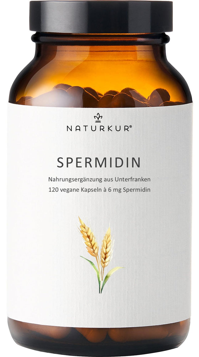Naturkur® Spermidine 6mg - 120 capsules in a pharmacist's glass jar - wheat germ extract, vegan, without additives, handmade in Lower Franconia