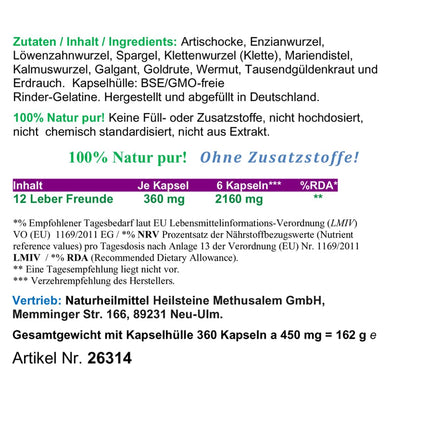 LIVER Complex 360 Capsules Liver Cure TOP 12x Liver Herbs Bitter Herbs Bitter Substances Milk Thistle Artichoke Dandelion Wormwood Gentian... 100% PURE NATURE [no ADDITIVES] 26314-360