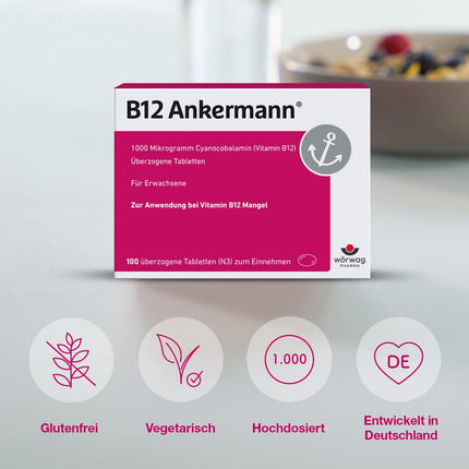 B12 Ankermann, 100 tablets: 1,000 microgram vitamin B12 tablets, high dosage, effective against tiredness and fatigue due to vitamin B12 deficiency, for more energy and performance, once daily